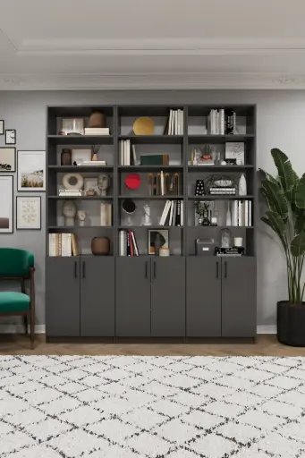 [K57] Modern Koyu Gri Kapaklı Çok Raflı Üçlü Kitaplık – 180x208 cm K-57