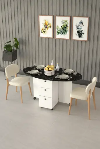 [KM07] Royal Mermer Desenli Oval Katlanır Mutfak Masası 141x72 cm KM-07