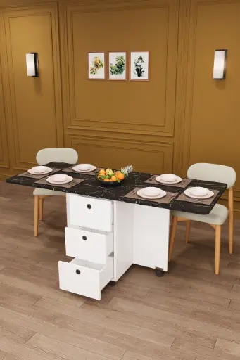 [KM30] Royal Mermer Tablalı Beyaz Katlanır Mutfak Masası KM-30