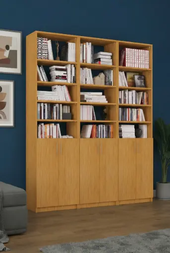 [K55] MDF - Afrika Ceviz Üçlü Kapaklı Kitaplık K-55