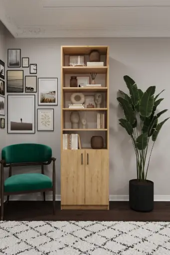 [K32] Safir Meşe Kapaklı Kitaplık – 60x205 cm 8 Raflı K-32