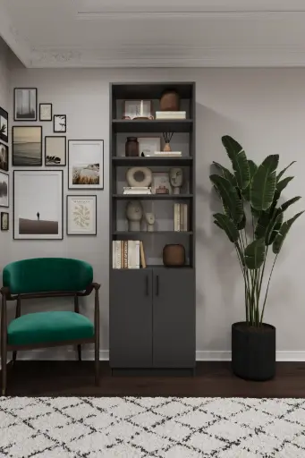 [K38] Koyu Gri Kapaklı Kitaplık  – 60x205 cm 8 Raflı K-38