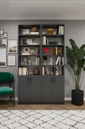 [K46] Koyu Gri Kapaklı İkili Kitaplık – 120x205 cm K-46