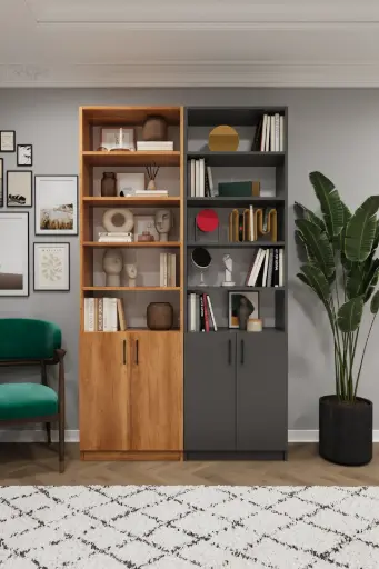 [K48] Petra & Koyu Gri Kapaklı İkili Kitaplık – 120x205 cm K-48