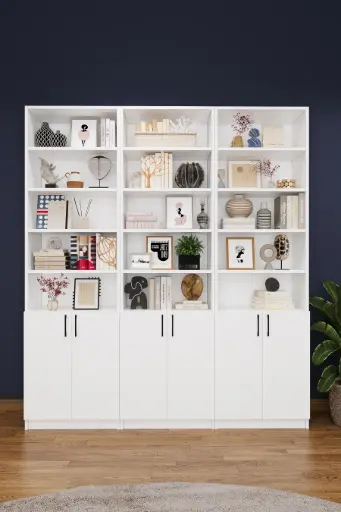 [K50] Beyaz Kapaklı Üçlü Kitaplık – 180x205 cm K-50