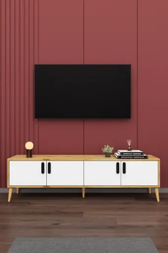 [T03] Beyaz & Petra TV Ünitesi 160 cm Kapaklı Raflı - T-03