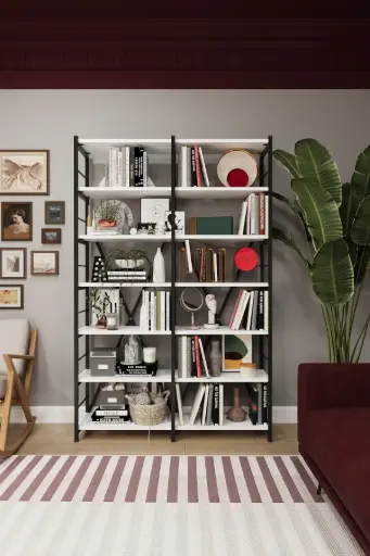 [METALK02] Metal Ahşap Kitaplık İki Modüllü 7 Raflı 110x170 cm METALK02