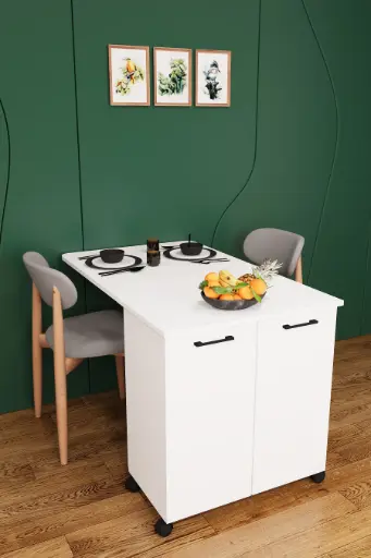 [MA01] Küçük Mutfak Adası Tekerlekli Açılır 105 cm 2-3 Kişilik Yemek Masası - MA-01