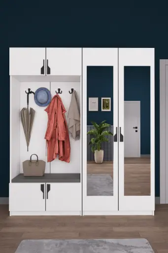[V02] V-02 Aynalı Vestiyer ve Portmanto 180 cm Ayakkabılıklı Oturmalı