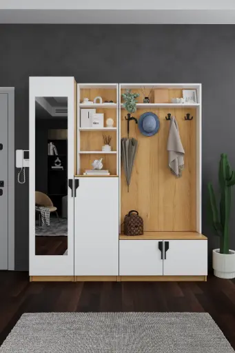 [V03] V-03 Aynalı Vestiyer ve Portmanto 180 cm Ayakkabılıklı Raflı