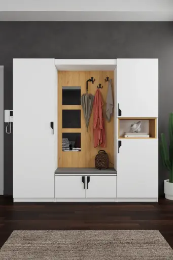 [V04] V-04 Modern Vestiyer ve Portmanto 210 cm Oturaklı Aynalı Ayakkabılıklı