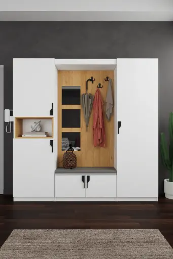 [V05] V-05 Modern Vestiyer ve Portmanto 210 cm Minderli Oturaklı Aynalı