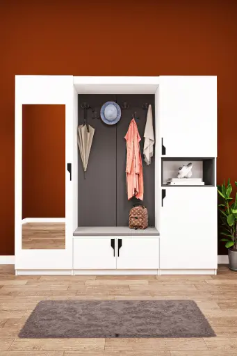 [V06] V-06 Aynalı Vestiyer Modelleri 210 cm Oturaklı Ayakkabılıklı Portmanto