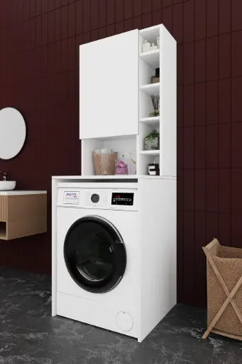 [BD02] Çamaşır Makinesi Üstü Dolap Askı Kancalı Raflı Kapaklı 65x190 cm - BD-02