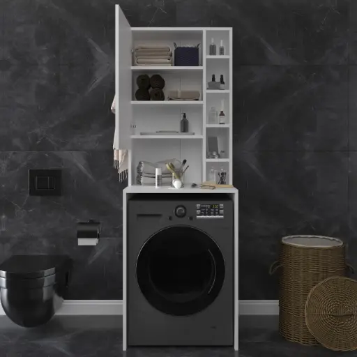 [BD02] Çamaşır Makinesi Üstü Dolap Askı Kancalı Raflı Kapaklı 65x190 cm - BD-02